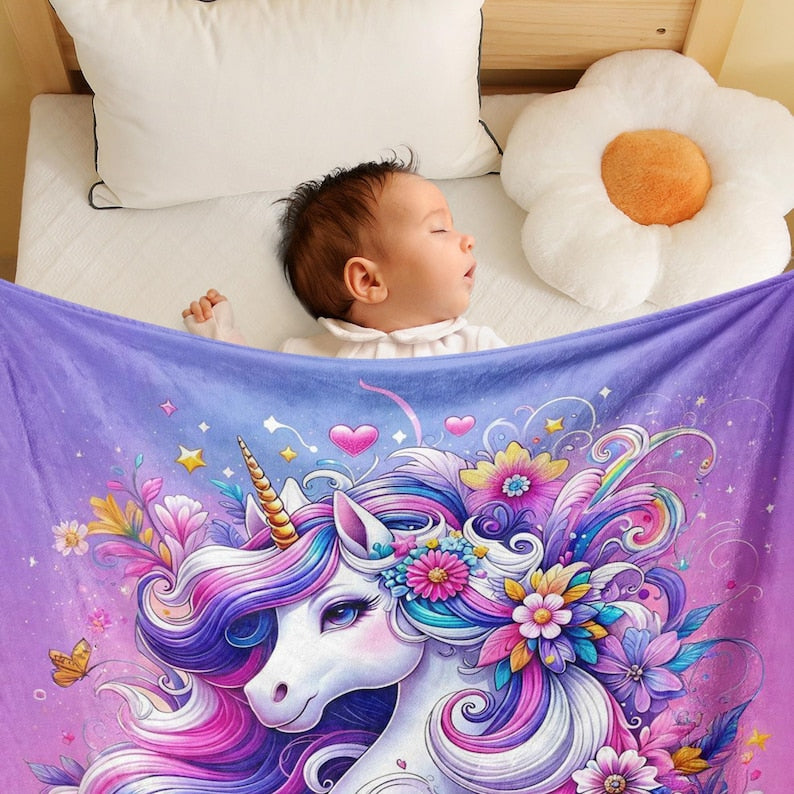 Personalized Purple Unicorn Blanket , Custom Name Kids Throw