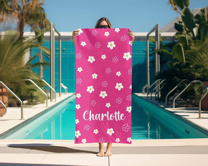 Daisy Custom Beach Towel, Groovy Personalized Pool Towel, Bachelorette Bridesmaid Gifts
