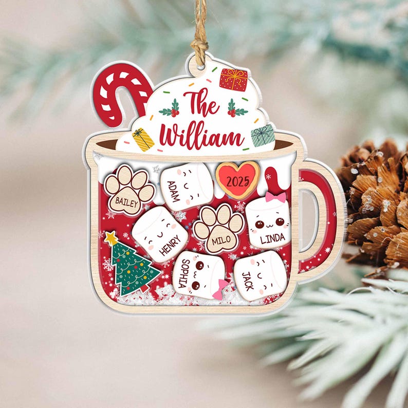 4D Shake Family Ornament With Pets, Custom Marshmallows Family Shaker Ornament