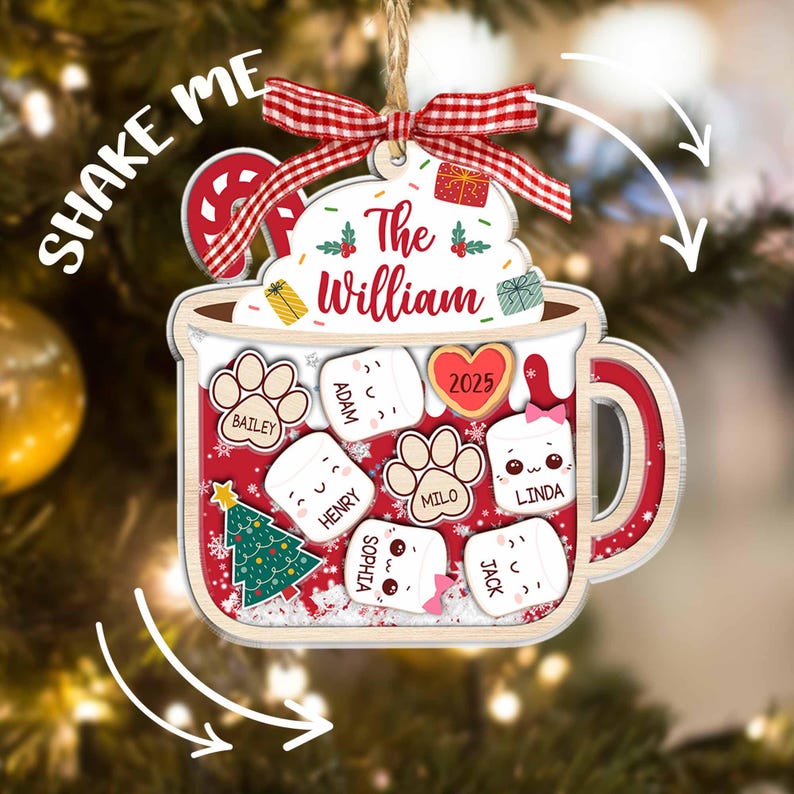 4D Shake Family Ornament With Pets, Custom Marshmallows Family Shaker Ornament