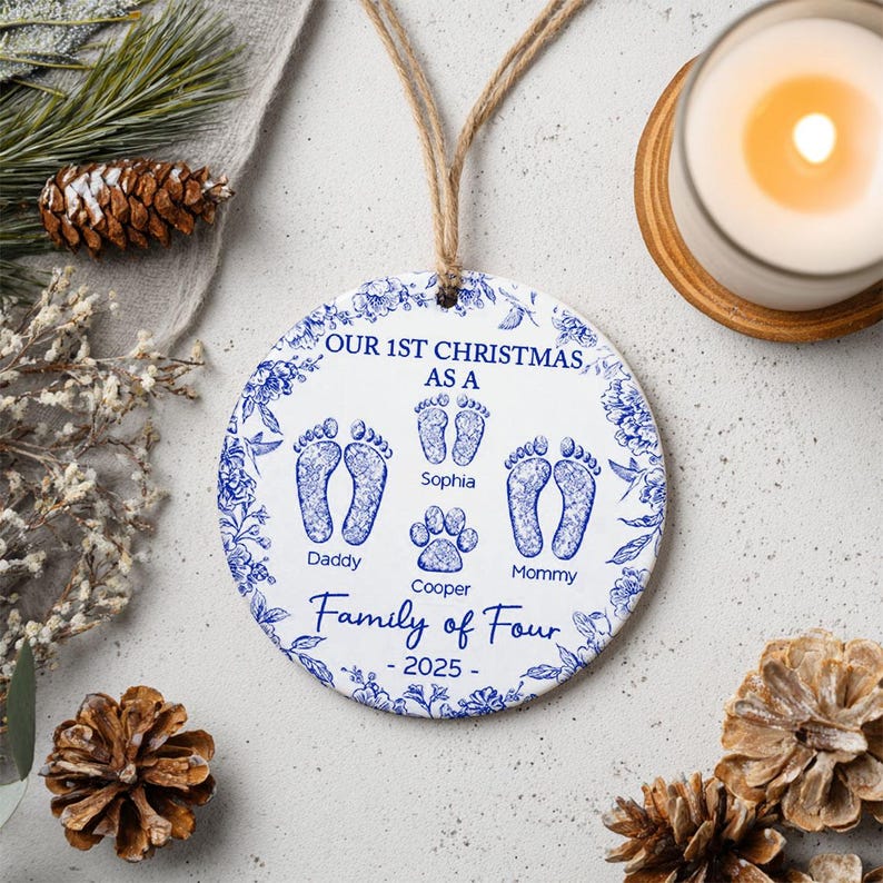 Custom  Family of 4 First Christmas Keepsake with Footprints