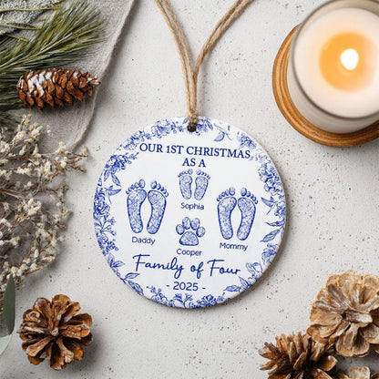 Custom  Family of 4 First Christmas Keepsake with Footprints