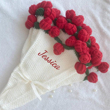 Personalized Crochet Rose Bouquet Blanket: Embroidered Name, Cotton Throw