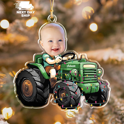 Custom Farmer Baby Face Photo Ornament, Personalized Tractor Ornament