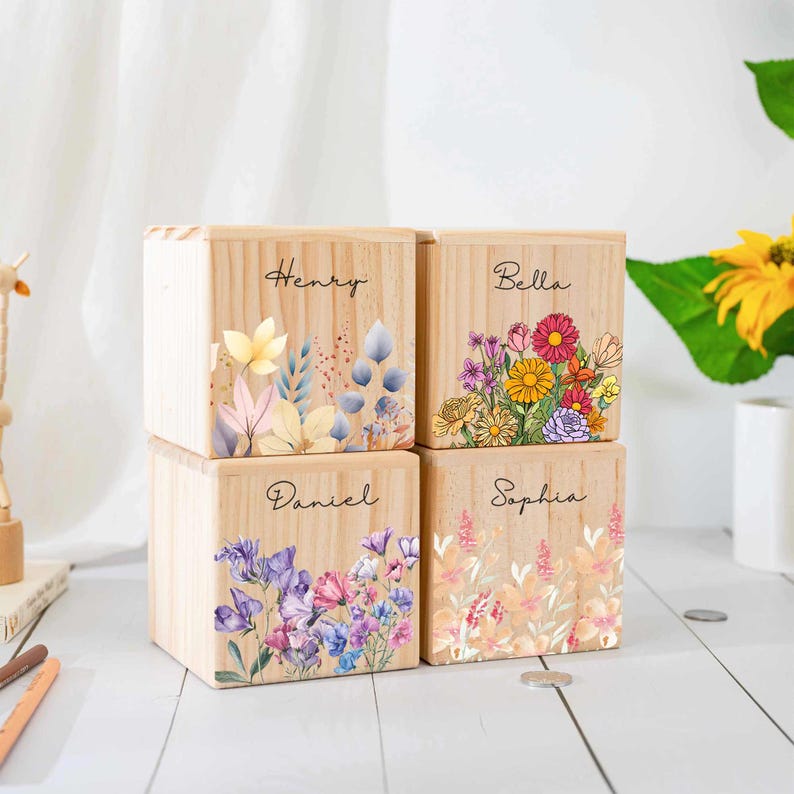 Custom Saving Bank with Kid Name, Flower Wooden Money Box Gift