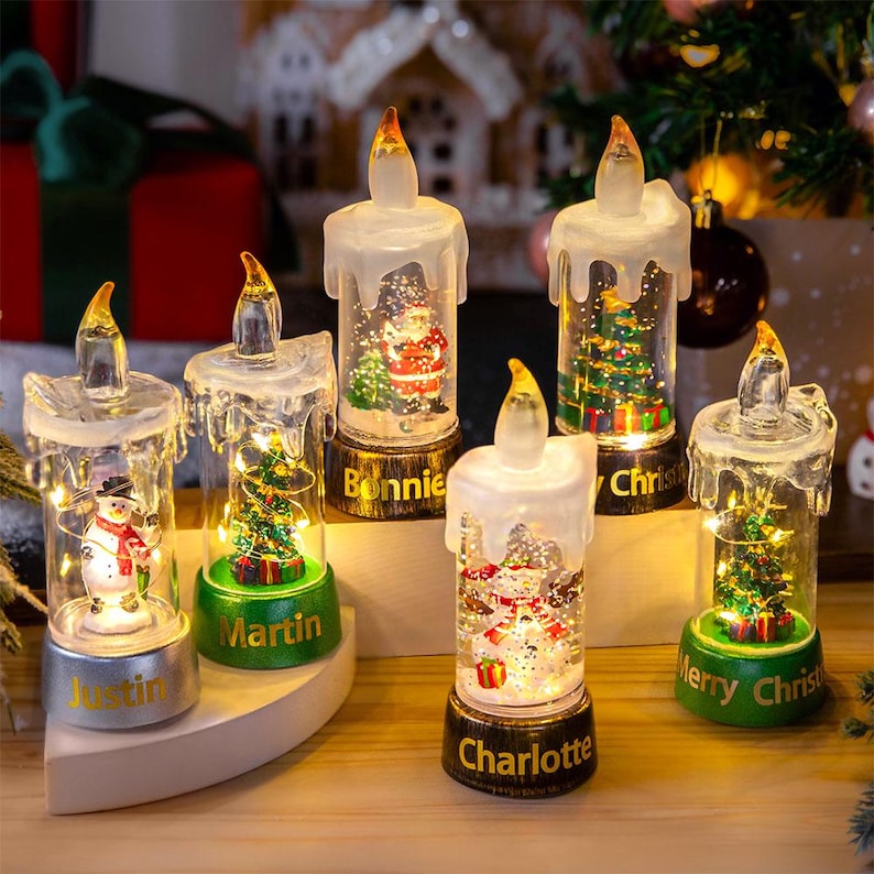 Personalized Snowman and Santa LED Flameless Candles - Customize with Wording