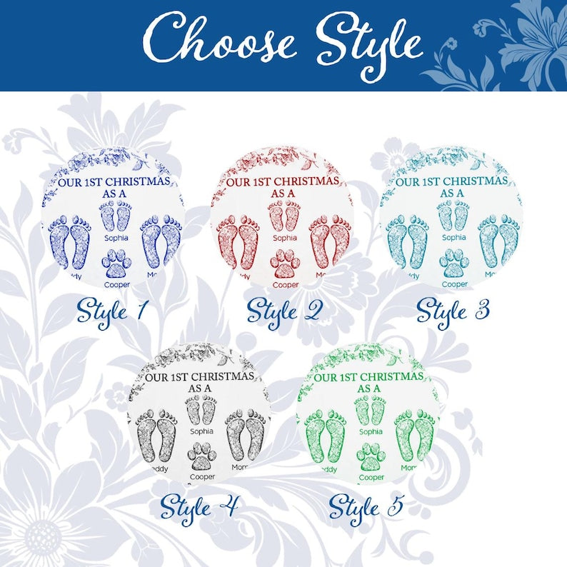 Custom  Family of 4 First Christmas Keepsake with Footprints