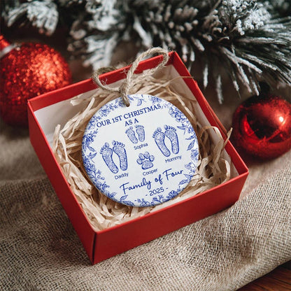 Custom  Family of 4 First Christmas Keepsake with Footprints