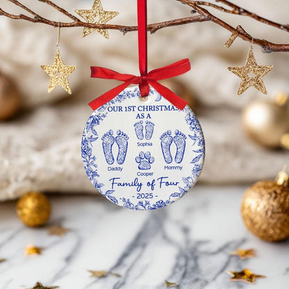 Custom  Family of 4 First Christmas Keepsake with Footprints