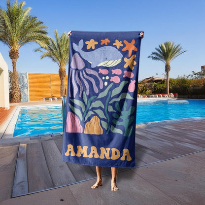 Personalized Crab Beach Towel, Seahorse/Fish/Dolphin Name Towel for Child