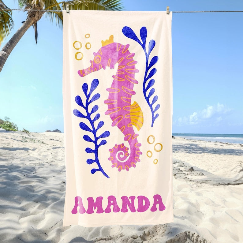 Personalized Crab Beach Towel, Seahorse/Fish/Dolphin Name Towel for Child