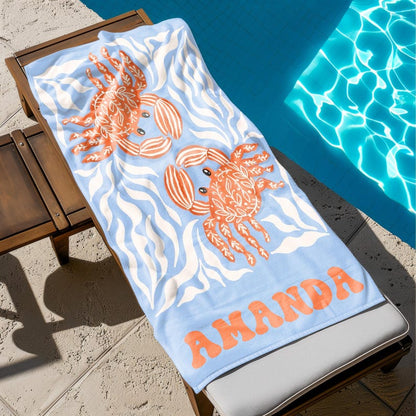 Personalized Crab Beach Towel, Seahorse/Fish/Dolphin Name Towel for Child