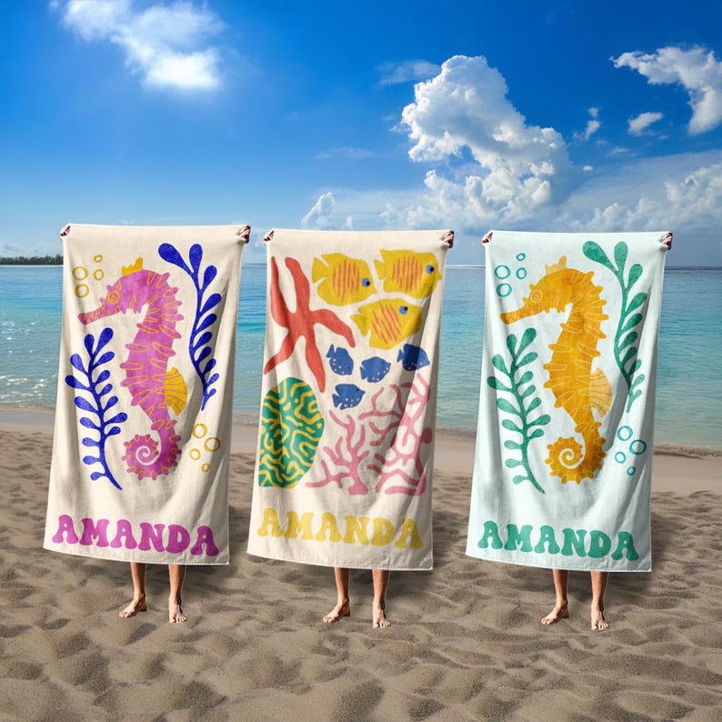Personalized Crab Beach Towel, Seahorse/Fish/Dolphin Name Towel for Child