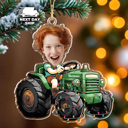 Custom Farmer Baby Face Photo Ornament, Personalized Tractor Ornament