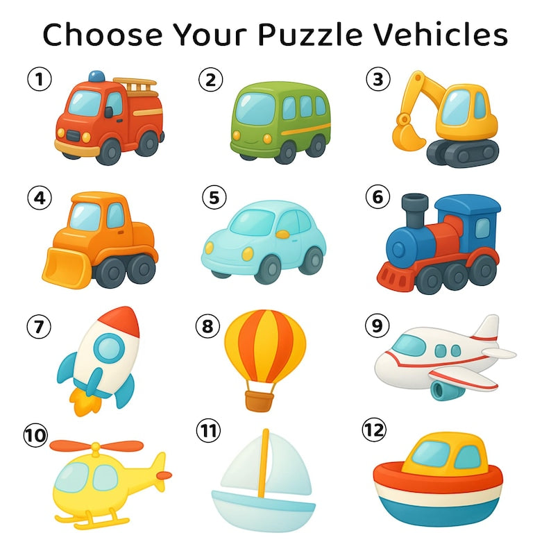 Custom Wooden Name Puzzle – Vehicles Theme | Personalized Baby Gift