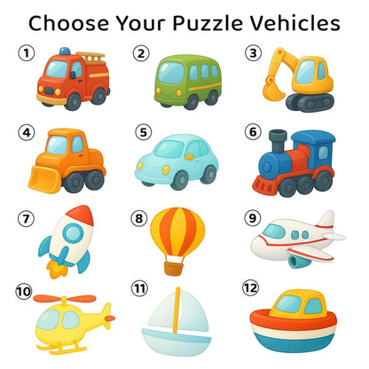 Custom Wooden Name Puzzle – Vehicles Theme | Personalized Baby Gift