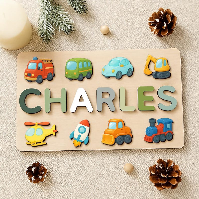 Custom Wooden Name Puzzle – Vehicles Theme | Personalized Baby Gift