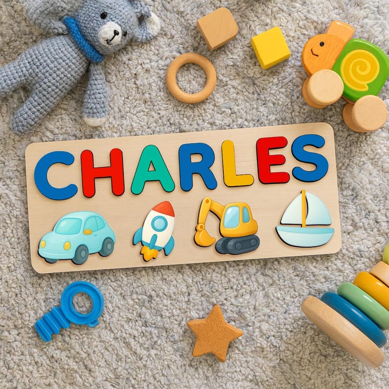 Custom Wooden Name Puzzle – Vehicles Theme | Personalized Baby Gift