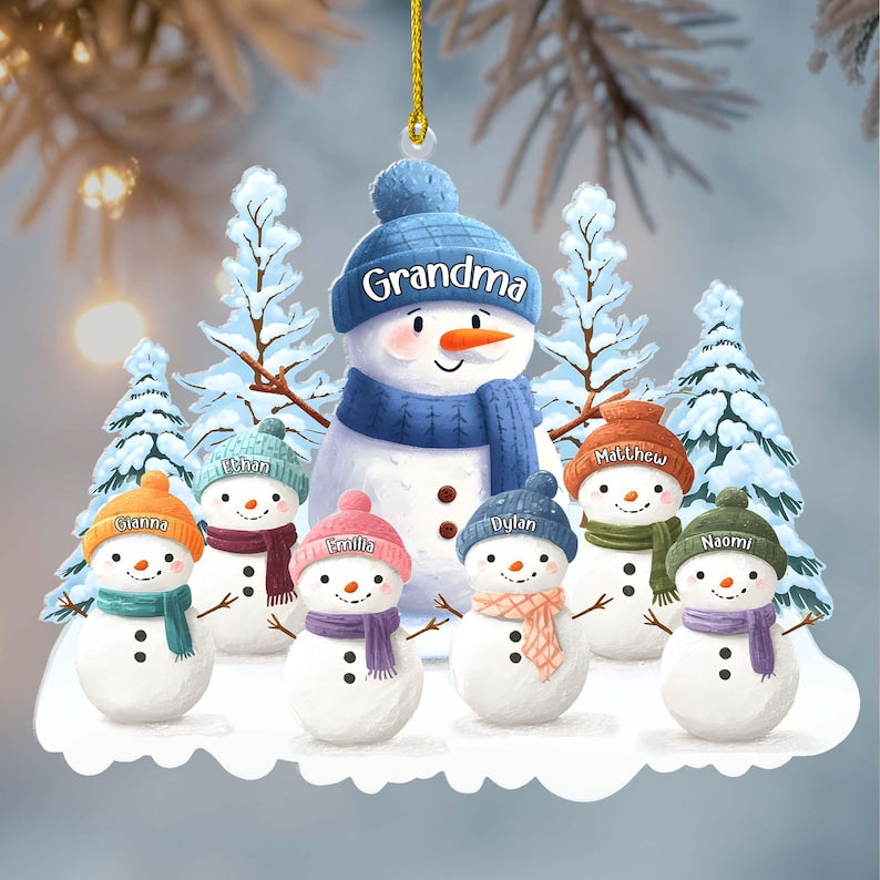 1 -8 Names Christmas Ornament, Acrylic Snowman Grandkid Ornament