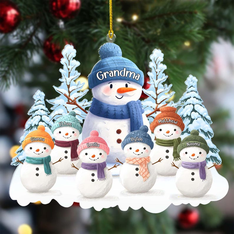 1 -8 Names Christmas Ornament, Acrylic Snowman Grandkid Ornament