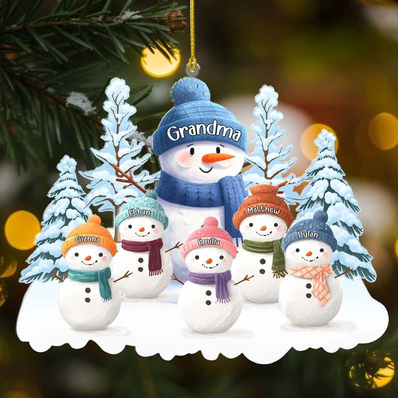 1 -8 Names Christmas Ornament, Acrylic Snowman Grandkid Ornament