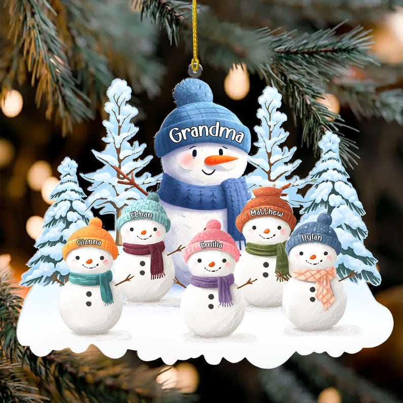 1 -8 Names Christmas Ornament, Acrylic Snowman Grandkid Ornament