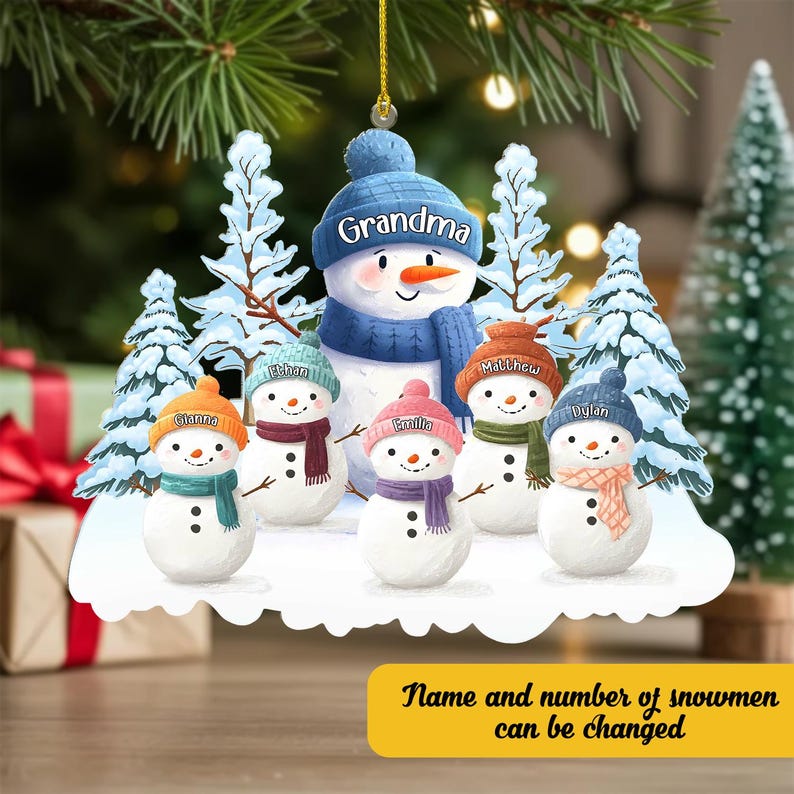 1 -8 Names Christmas Ornament, Acrylic Snowman Grandkid Ornament