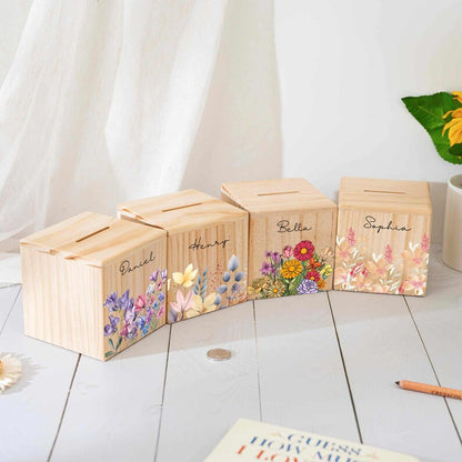 Custom Saving Bank with Kid Name, Flower Wooden Money Box Gift