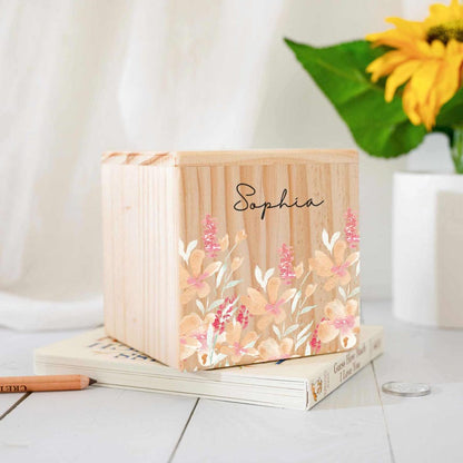 Custom Saving Bank with Kid Name, Flower Wooden Money Box Gift