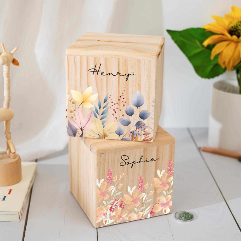 Custom Saving Bank with Kid Name, Flower Wooden Money Box Gift