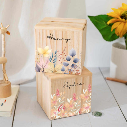Custom Saving Bank with Kid Name, Flower Wooden Money Box Gift