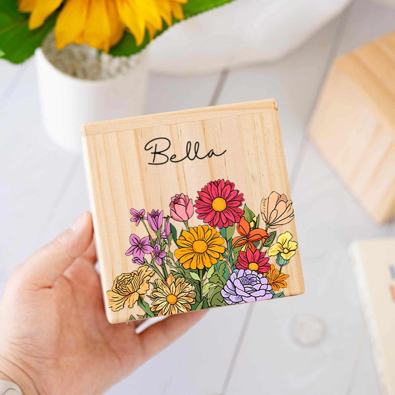 Custom Saving Bank with Kid Name, Flower Wooden Money Box Gift