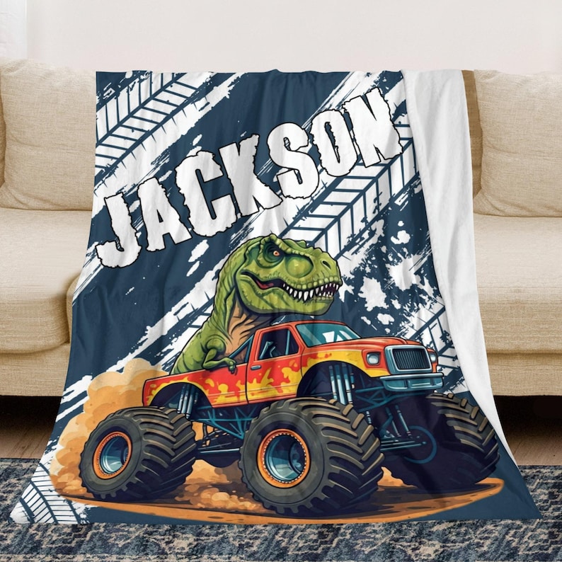 Personalized Monster Truck Kids Blanket - Custom Boys Name Throw