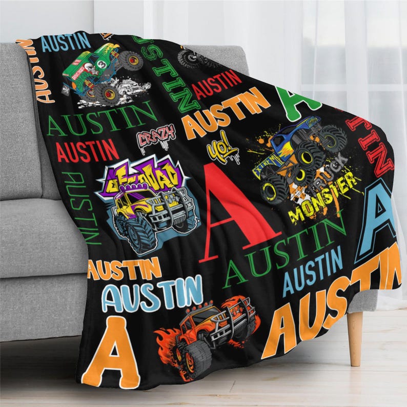 Personalized Monster Truck Kids Blanket - Custom Boys Name Throw