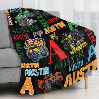 Personalized Monster Truck Kids Blanket - Custom Boys Name Throw