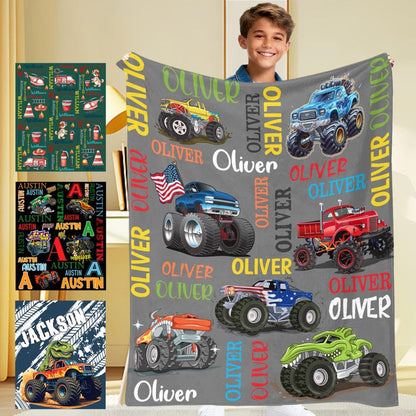 Personalized Monster Truck Kids Blanket - Custom Boys Name Throw