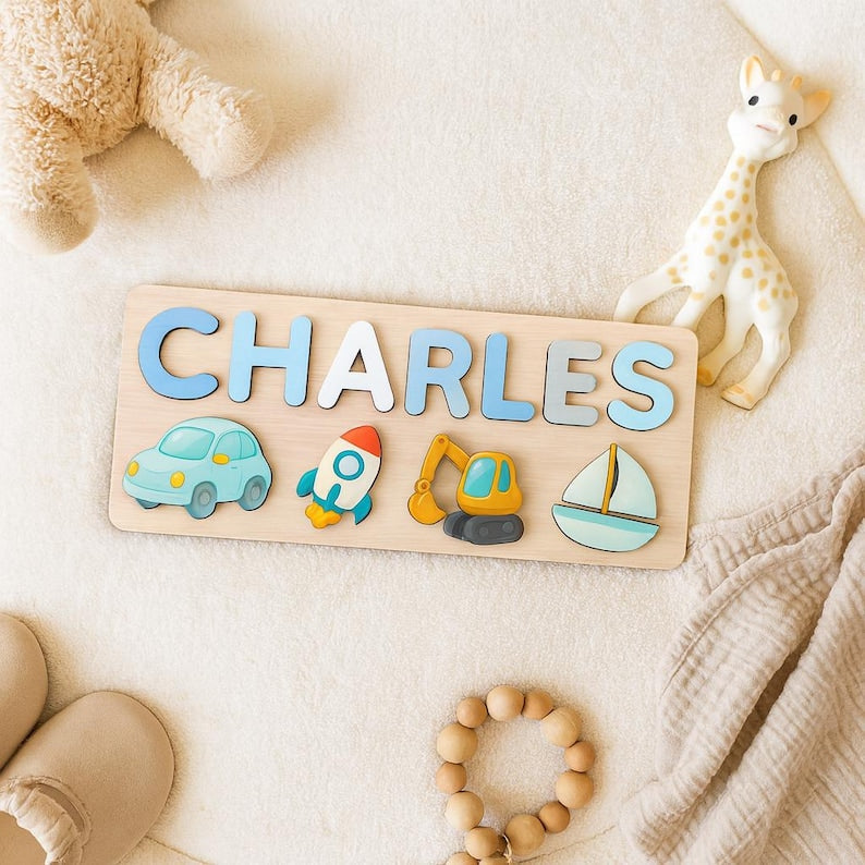 Custom Wooden Name Puzzle – Vehicles Theme | Personalized Baby Gift