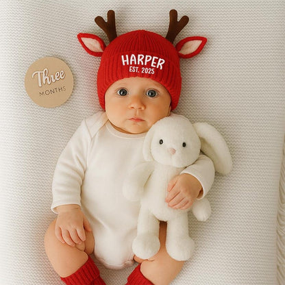 Personalized Reindeer Baby Beanie, Custom Knit Christmas Hat with Name