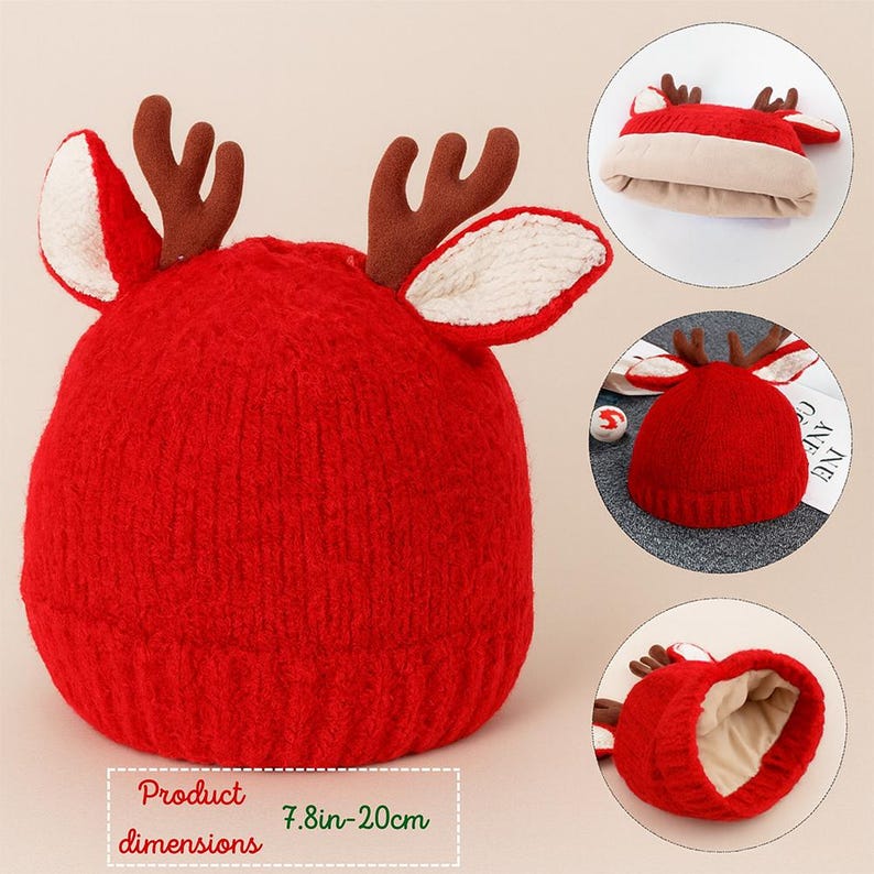 Personalized Reindeer Baby Beanie, Custom Knit Christmas Hat with Name