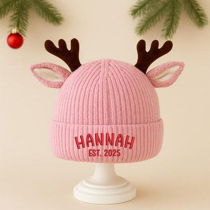 Personalized Reindeer Baby Beanie, Custom Knit Christmas Hat with Name