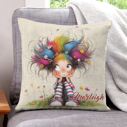 Personalized Cute Cartoon Quirky Girl Throw Pillow Cover with Name