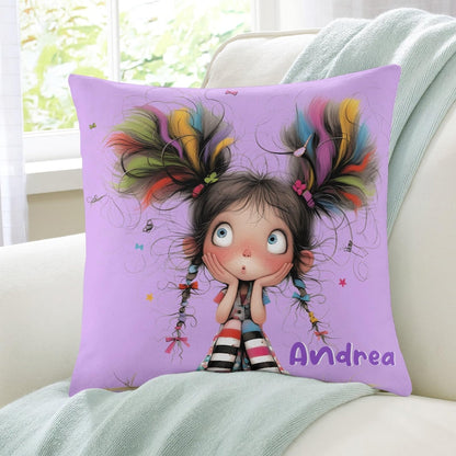 Personalized Cute Cartoon Quirky Girl Throw Pillow Cover with Name