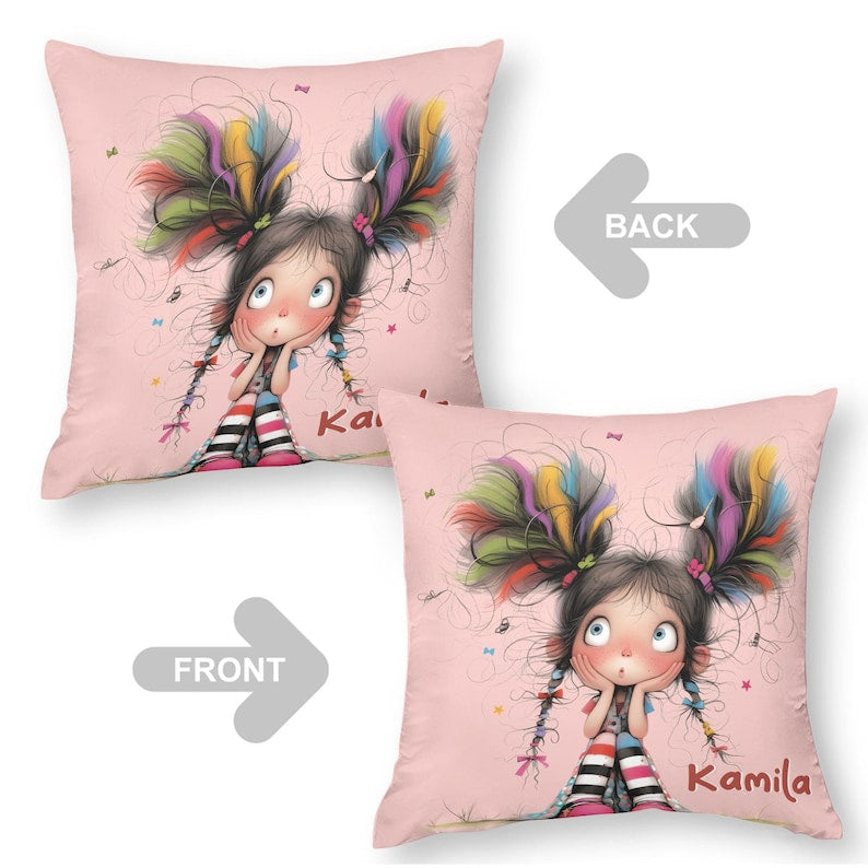 Personalized Cute Cartoon Quirky Girl Throw Pillow Cover with Name