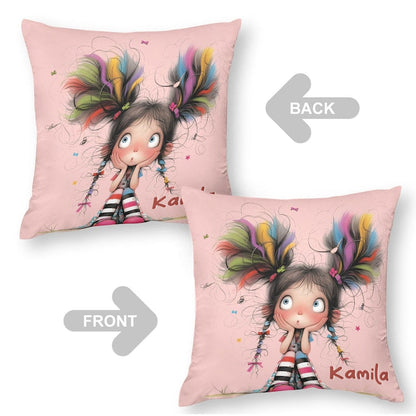 Personalized Cute Cartoon Quirky Girl Throw Pillow Cover with Name