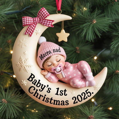 Baby’s First Christmas Ornament, Moon Acrylic Keepsake, Personalized Newborn Gift