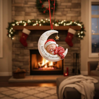 Custom Baby First Christmas Ornament, Personalized Moon Sleeping Acrylic Keepsake