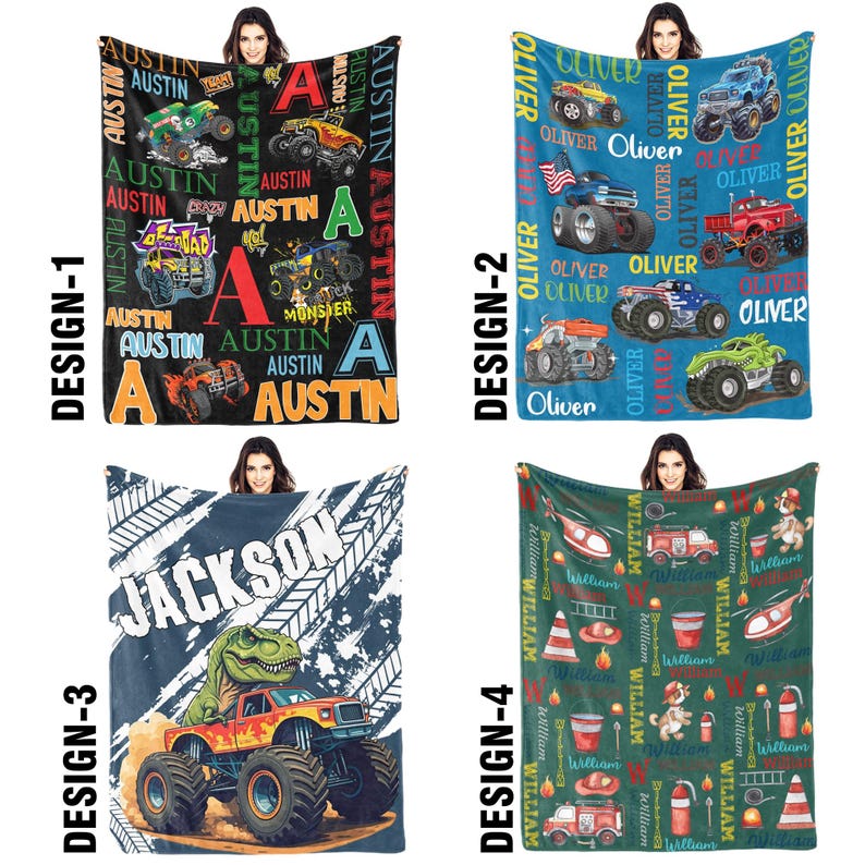 Personalized Monster Truck Kids Blanket - Custom Boys Name Throw
