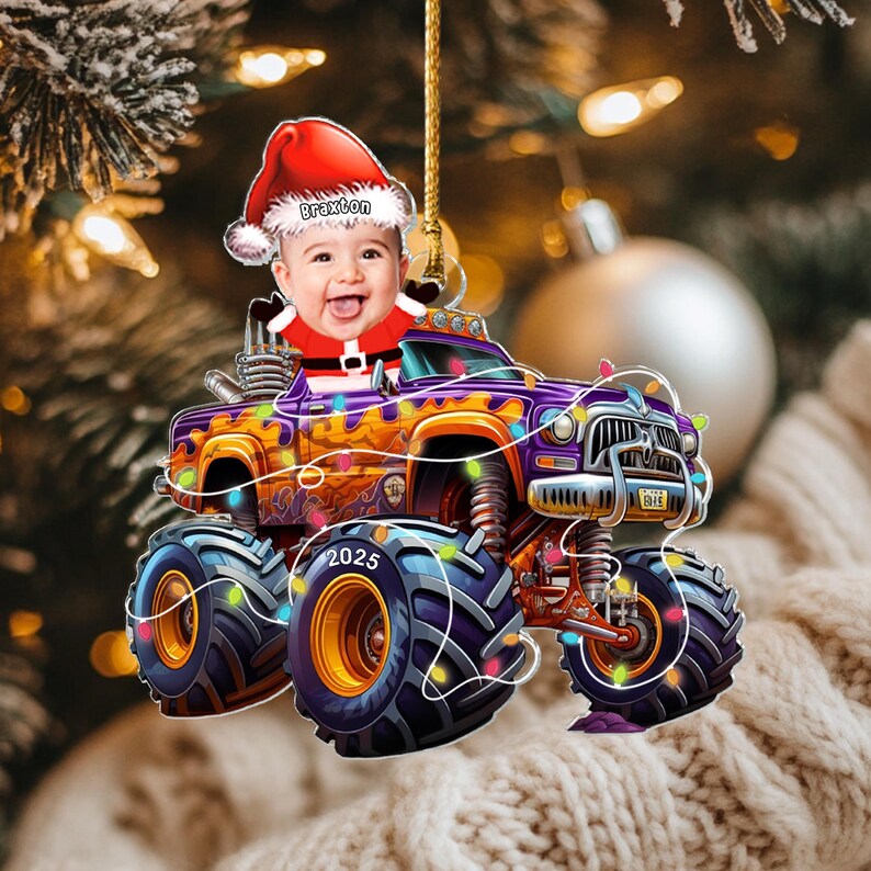 Custom Photo Kid Face Monster Truck Ornament, Personalized Acrylic Photo Ornament