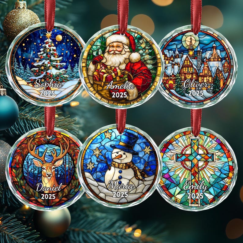 Personalized Stained Glass Christmas Ornament 2025, Custom Name Holiday Tree Decoration