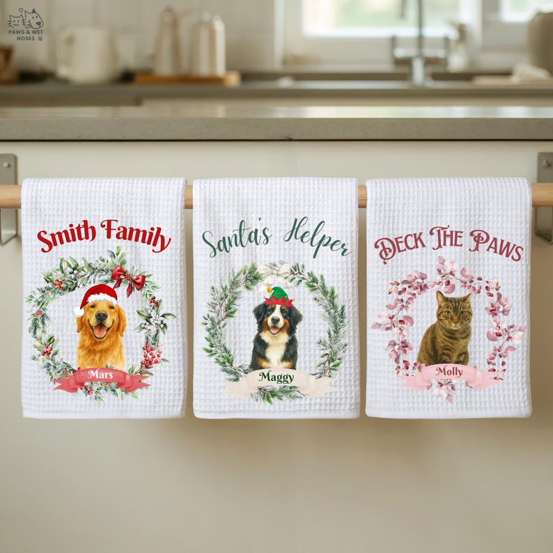 Custom Holiday Kitchen Towel Using Pet Photo With Name